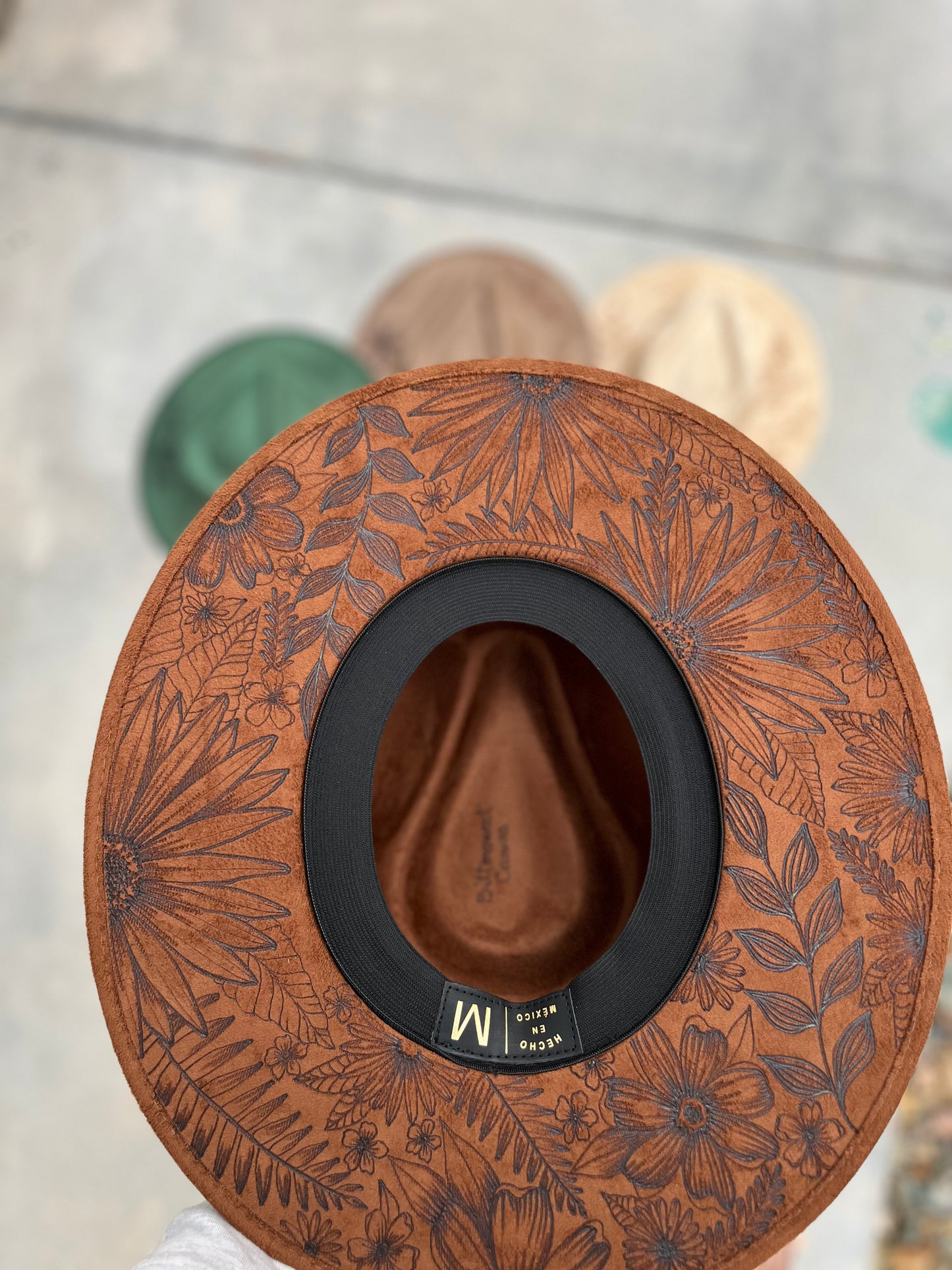 Tobacco full floral burned suede wide brim rancher hat