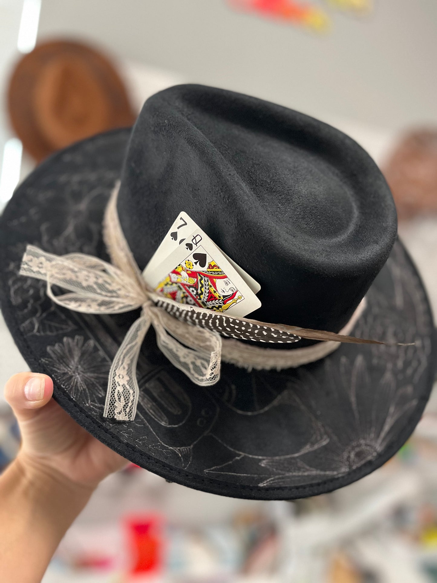 Black floral revolver suede wide brim rancher hat