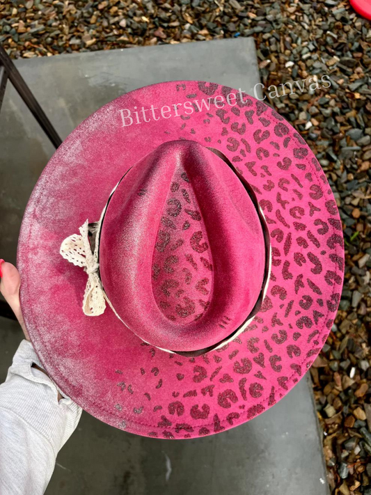 Pink leopard cheetah burned suede wide brim rancher hat