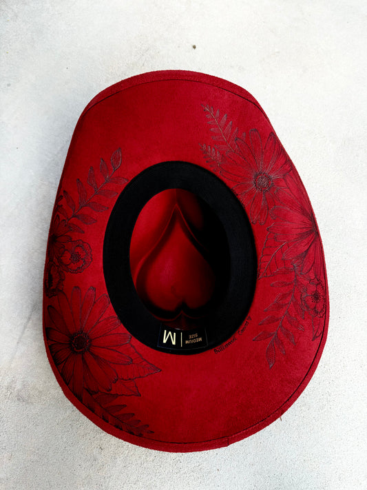 Red floral suede wide brim rancher hat corazón cowgirl heart