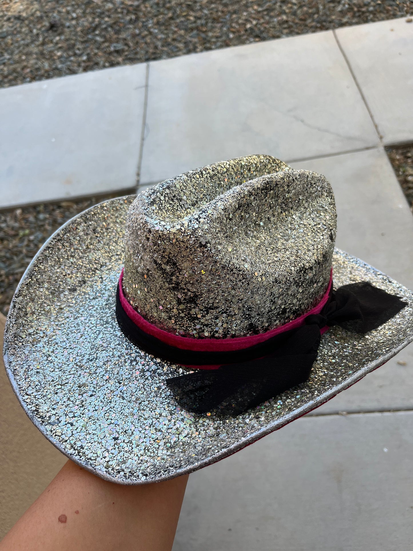 Silver glitter pink star wide brim cowboy hat