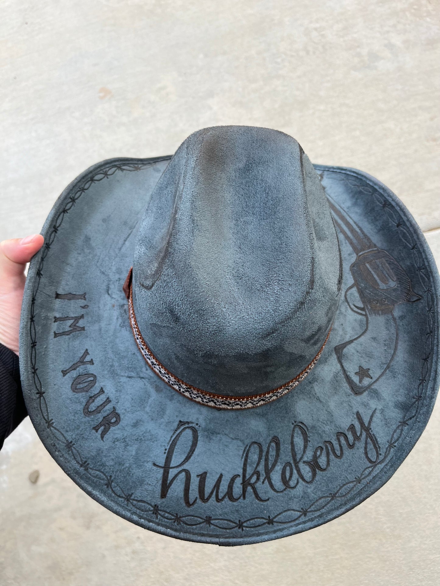 Steel blue cowboy huckleberry burned suede wide brim cowboy rancher hat
