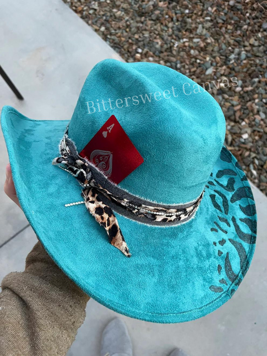 Teal leopard cheetah burned accessorized suede wide brim cowboy hat