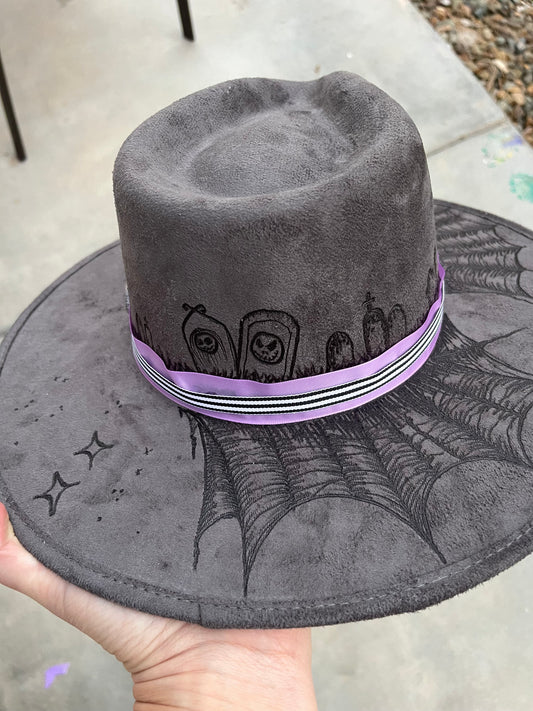 Nightmare grey spider burned fabric lined felt wide brim rancher hat