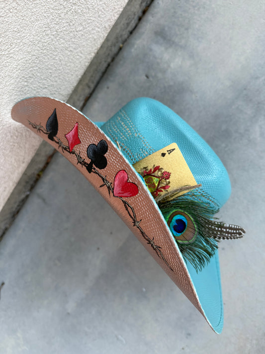 Blue gambler straw wide brim cowboy hat