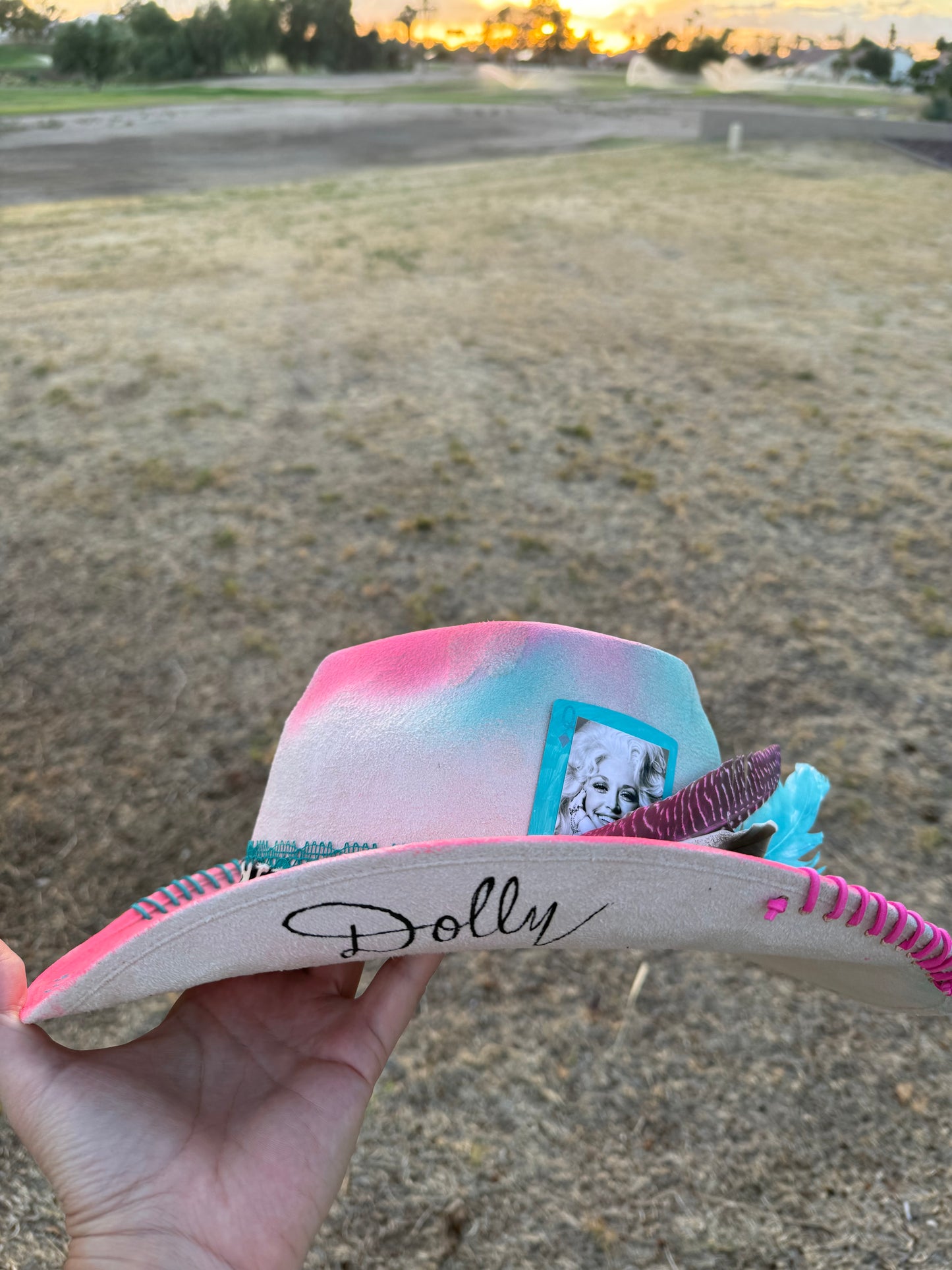 Pink blue heart corazon dolly  burned suede wide brim rancher hat