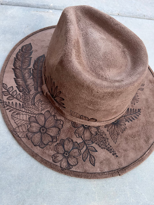 Mocha brown burned  floral feather suede wide brim rancher hat