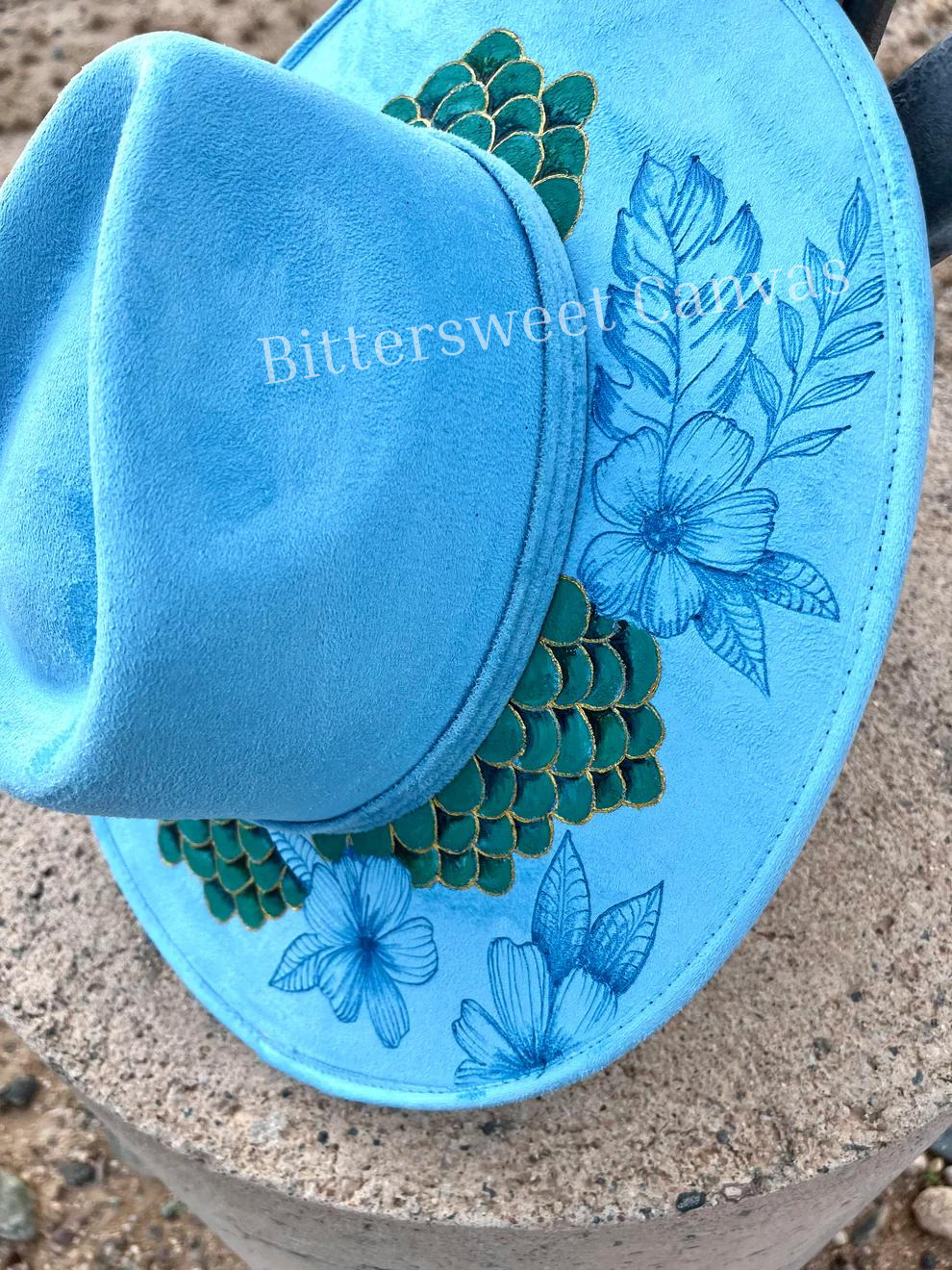 Mermaid floral blue burned  suede wide brim rancher hat