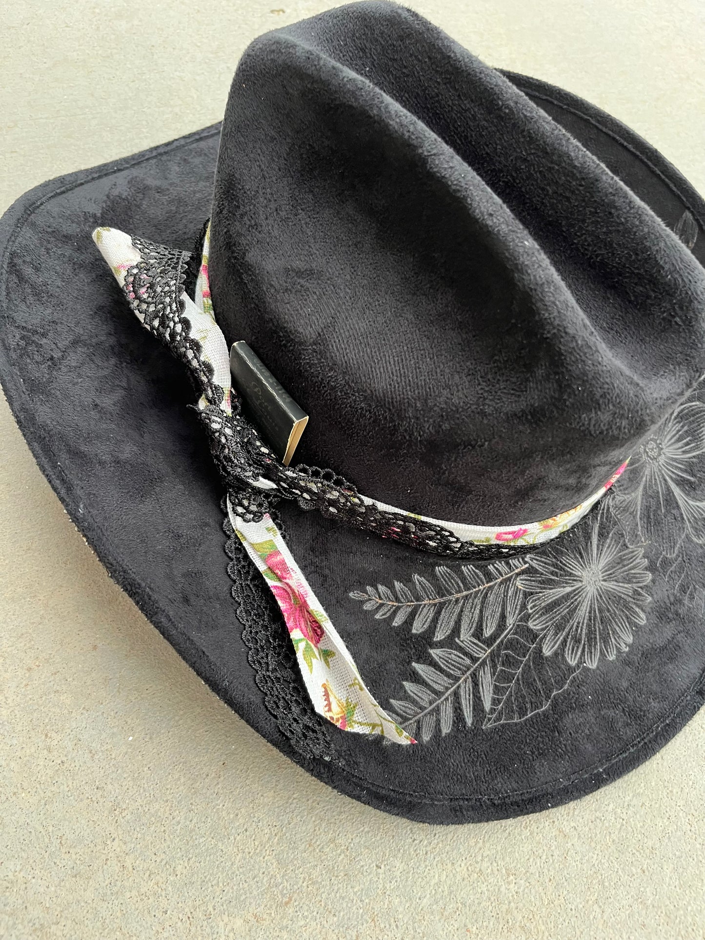 Black floral cow hide fabric lined burned suede wide brim  hat