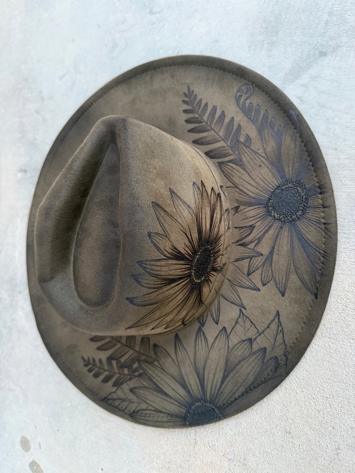 Olive green burned  floral suede wide brim rancher hat