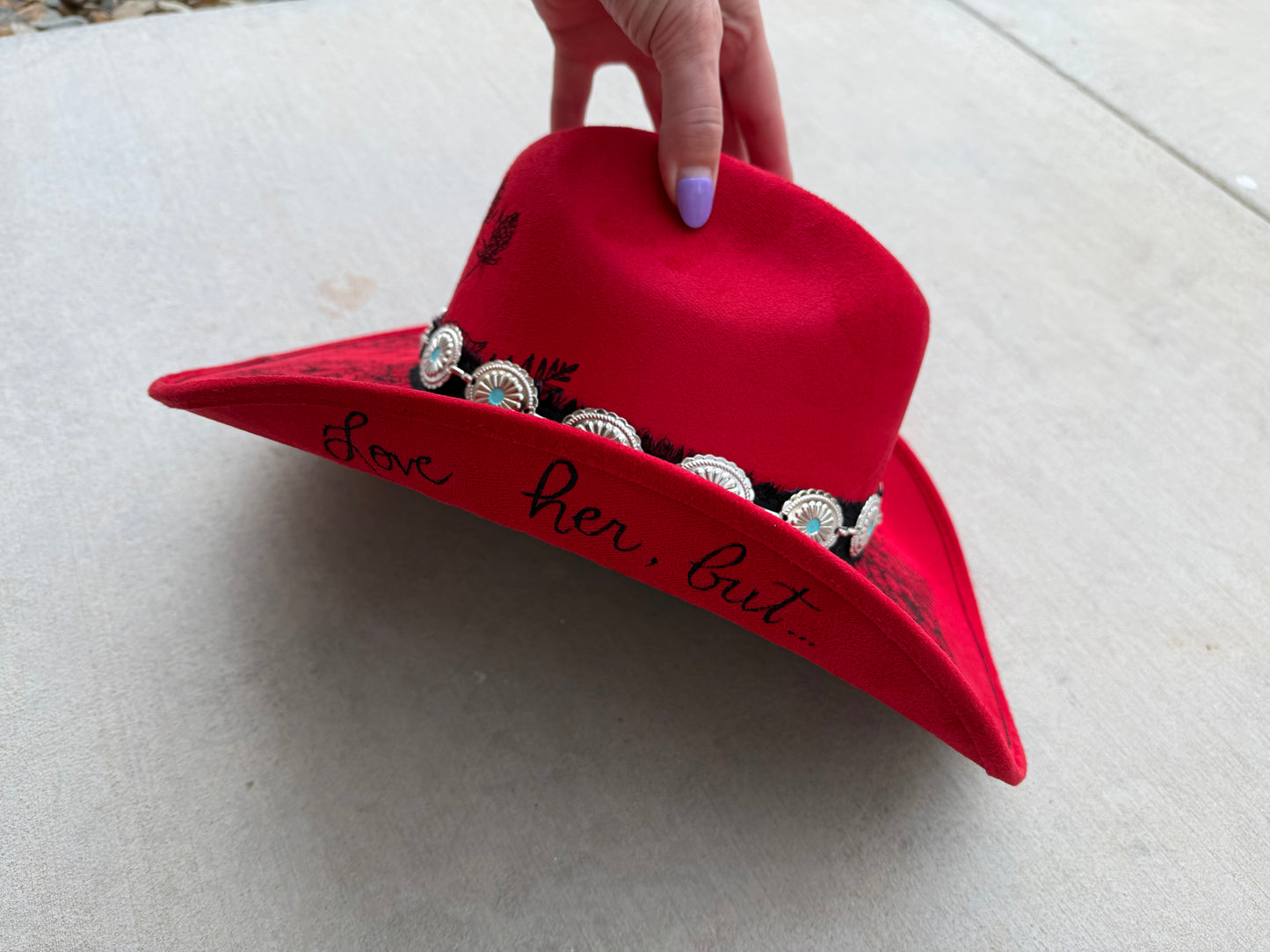 Red floral burned suede wide brim cowboy hat