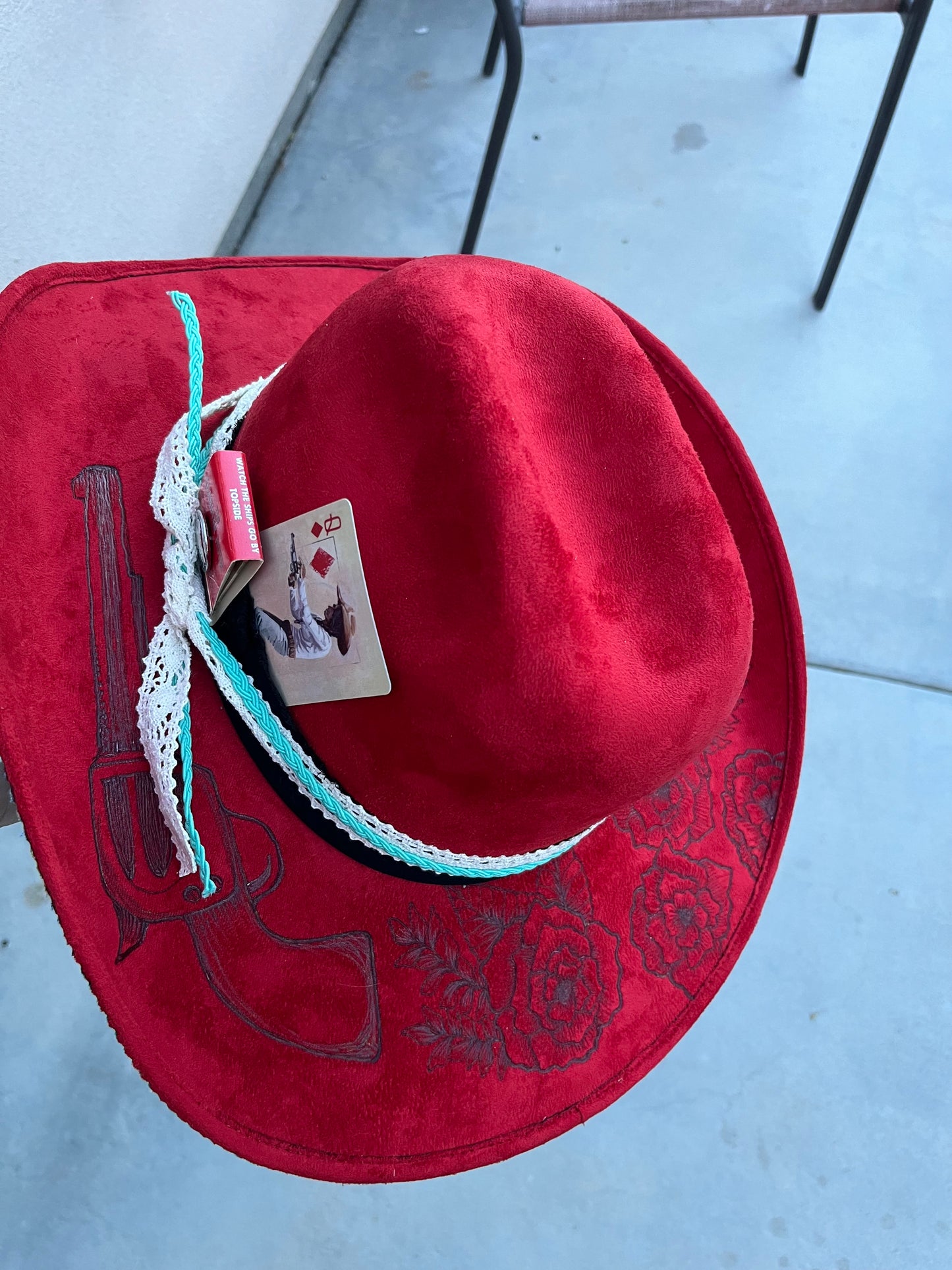 Red rose revolver fabric lined burned suede wide brim cowboy hat