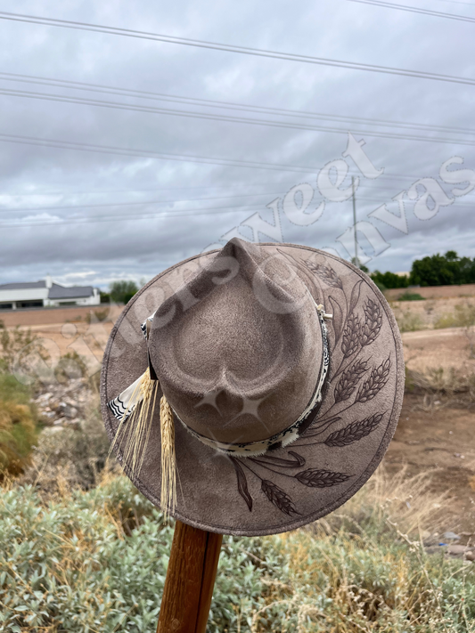 Highland cow wheat heart crown burned fabric lined felt wide brim rancher hat