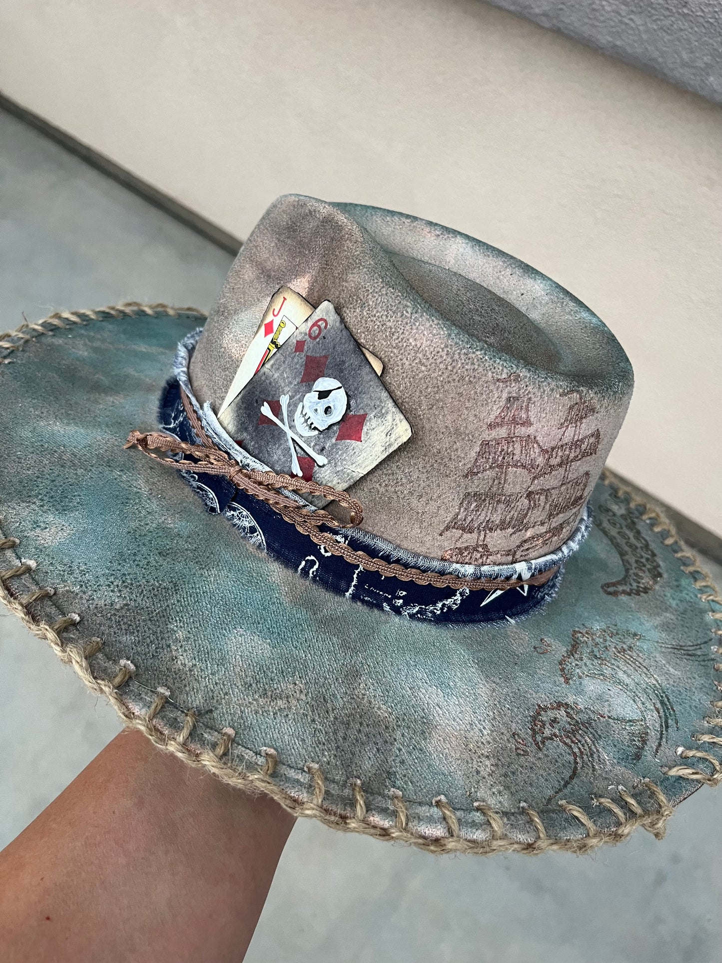 Distressed pirate nautical accessorized octopus burned accessorized suede wide brim rancher hat