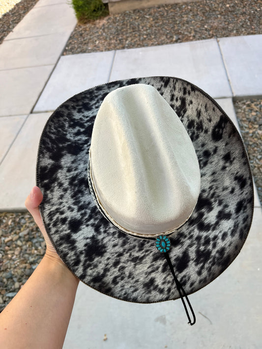 Ivory cowboy burned fabric lined cow hide floral suede wide brim rancher hat