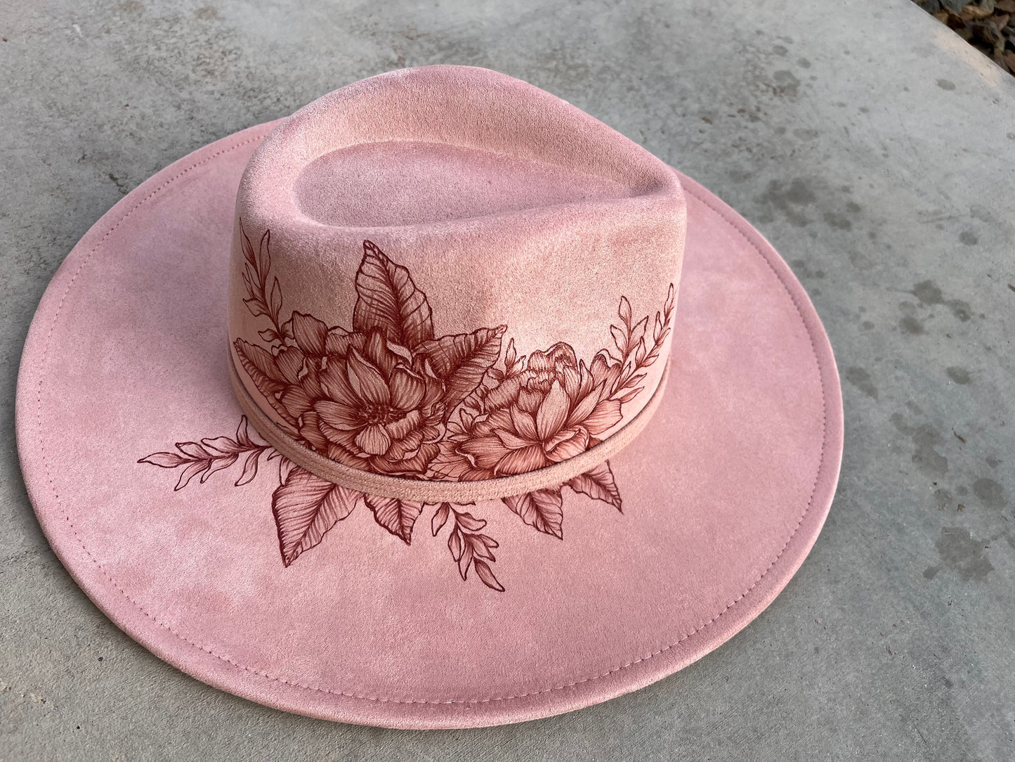 Blush pink floral burned suede wide brim rancher hat