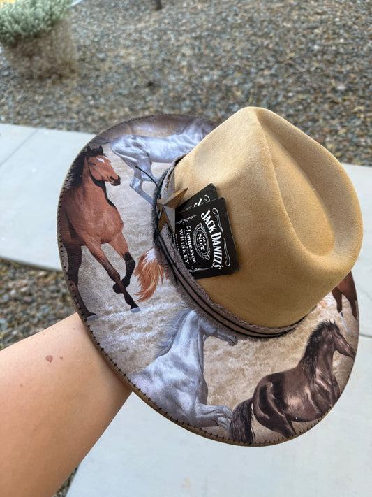 Tan horses fabric lined burned suede wide brim  cowboy hat