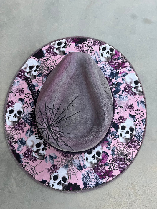 Grey pink skull spidee web suede wide brim rancher hat