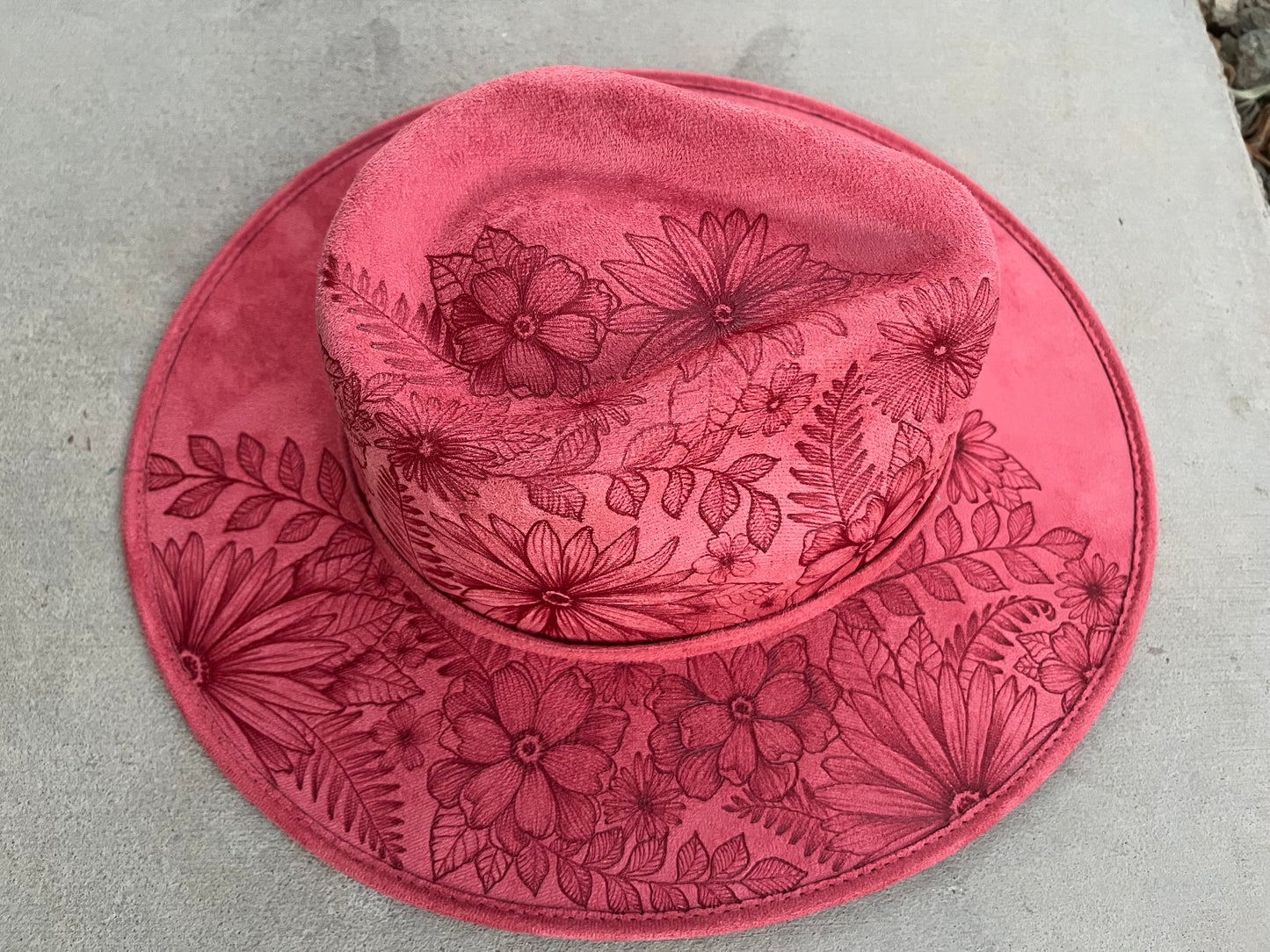 Floral split dusty rose pink burned suede wide brim rancher hat