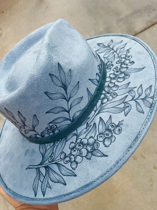 Blueberry floral burned suede wide brim rancher hat