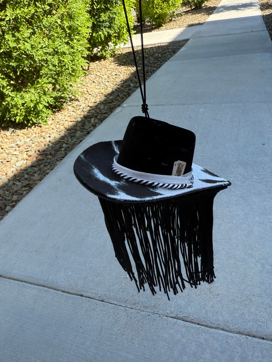 Black cowhide fringe cowboy hat rearview mirror charm