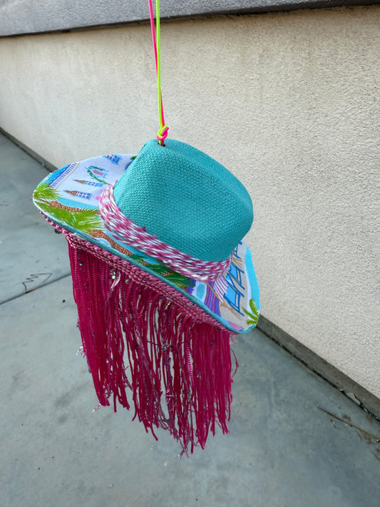 Blue tropical fringe cowboy hat rearview mirror charm