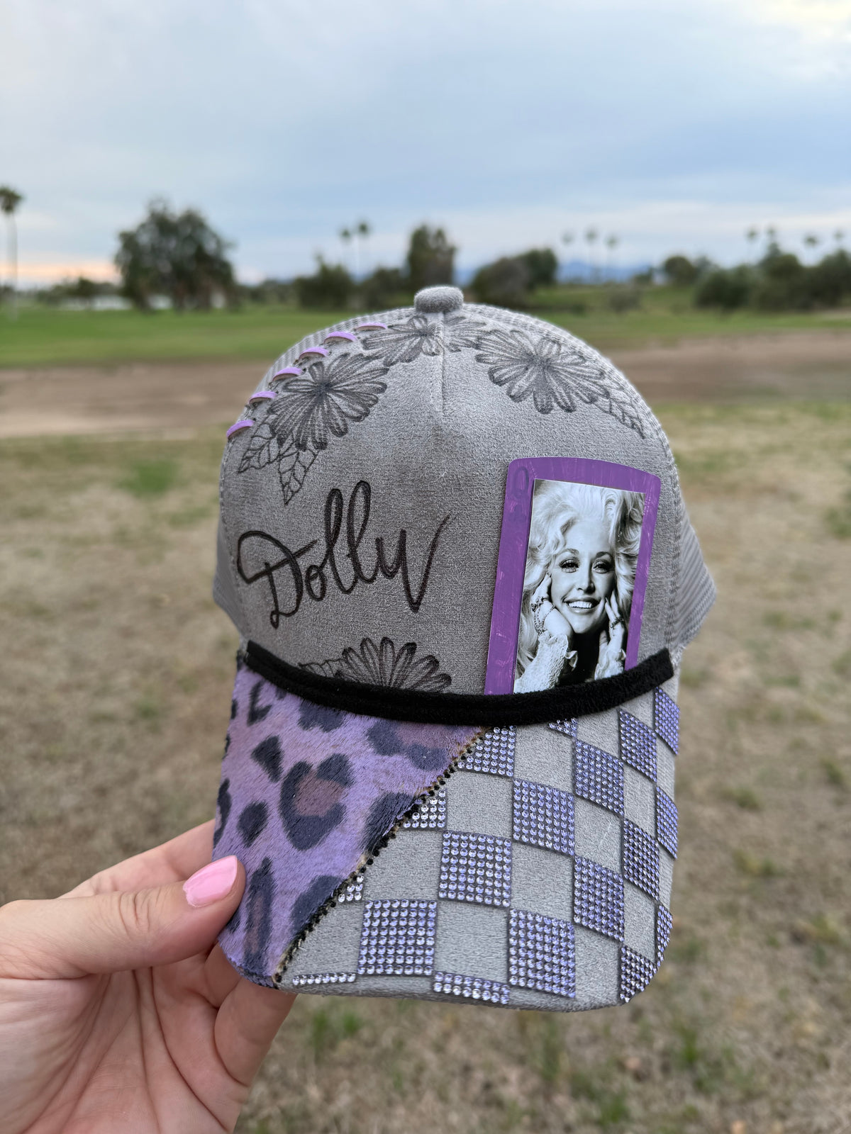 Gray Dolly rhinestone ball cap trucker hat custom snapback