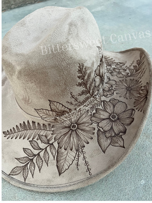 Taupe floral cowboy suede wide brim cowboy hat