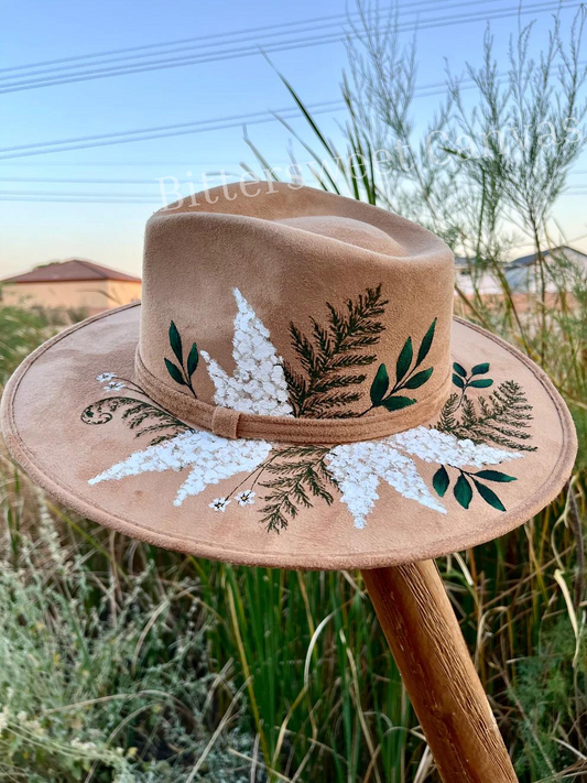 Botanical crown tan white lilacs suede wide brim rancher hat