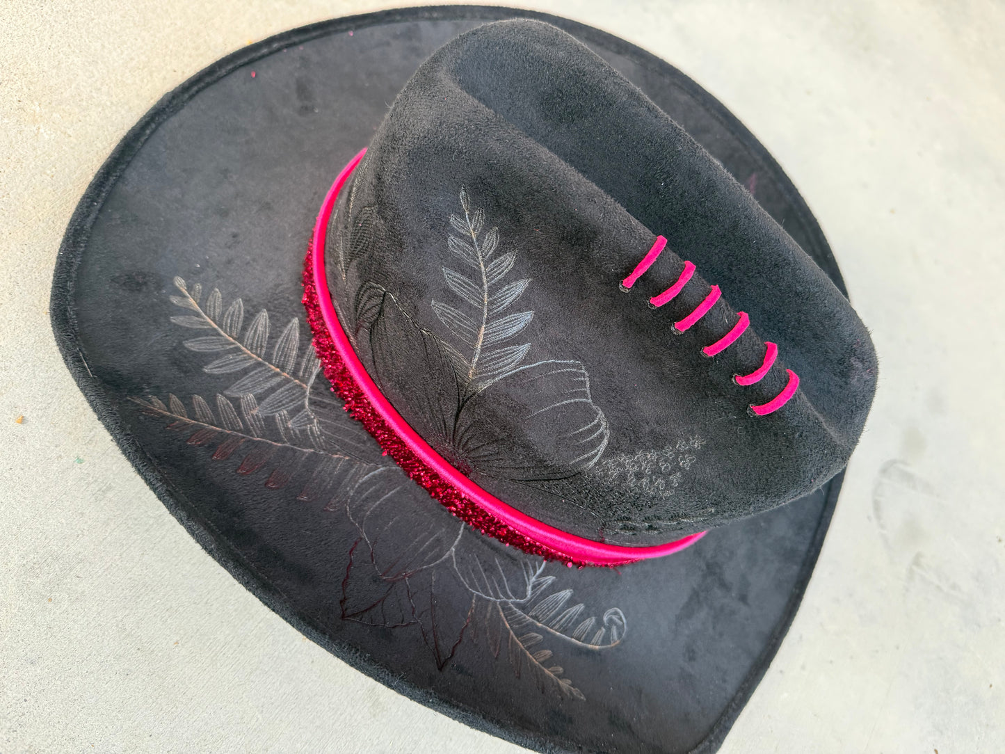 Black floral bless your heart burned suede wide brim rancher hat
