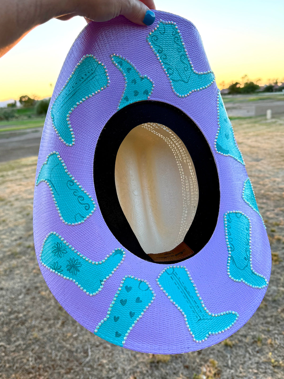 Blue purple rhinestone straw wide brim cowboy hat