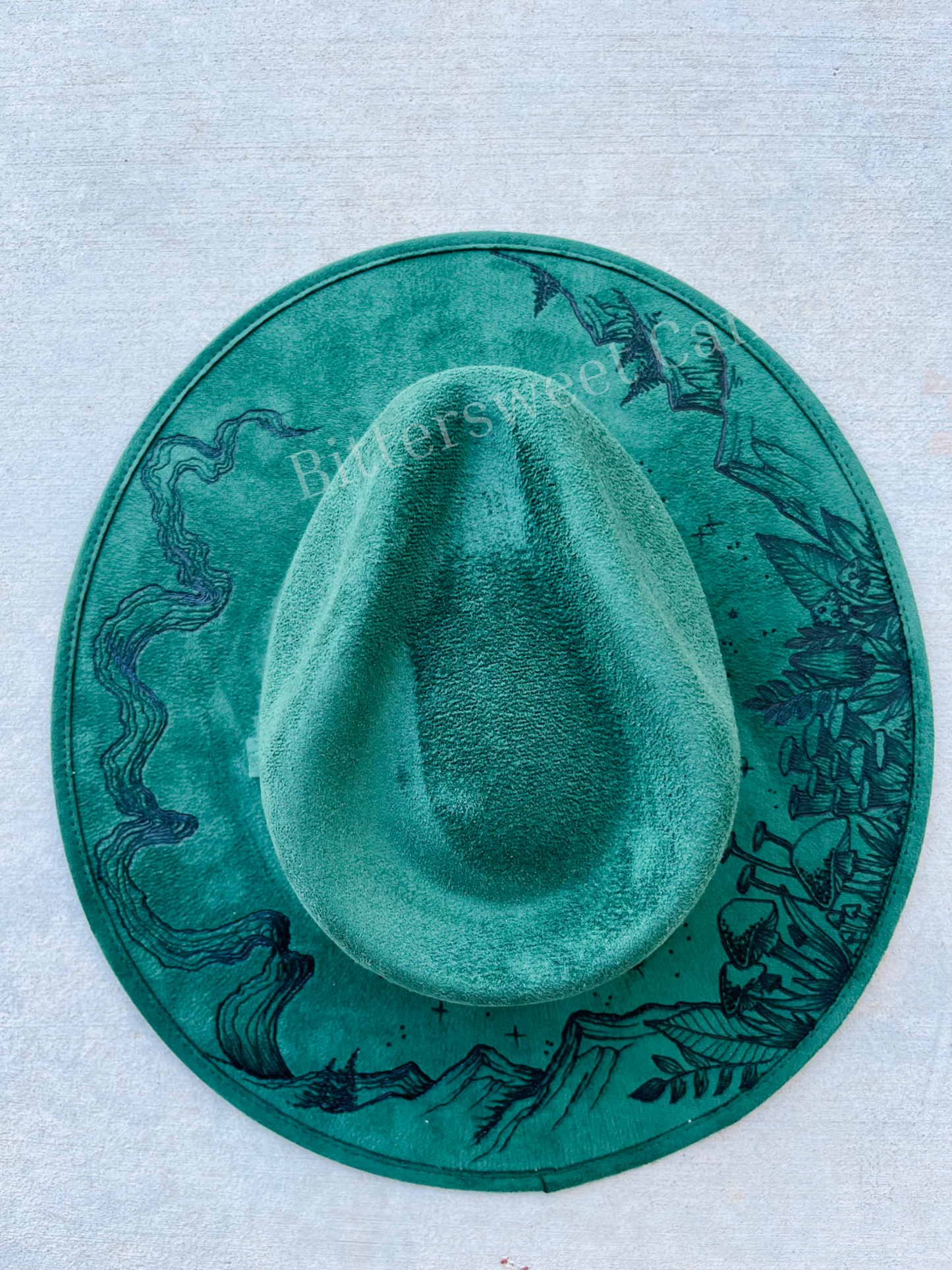 Forest green mountain mushroom burned suede wide brim rancher hat