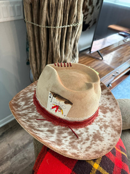 Beige heart crown cow hide suede wide brim rancher hat