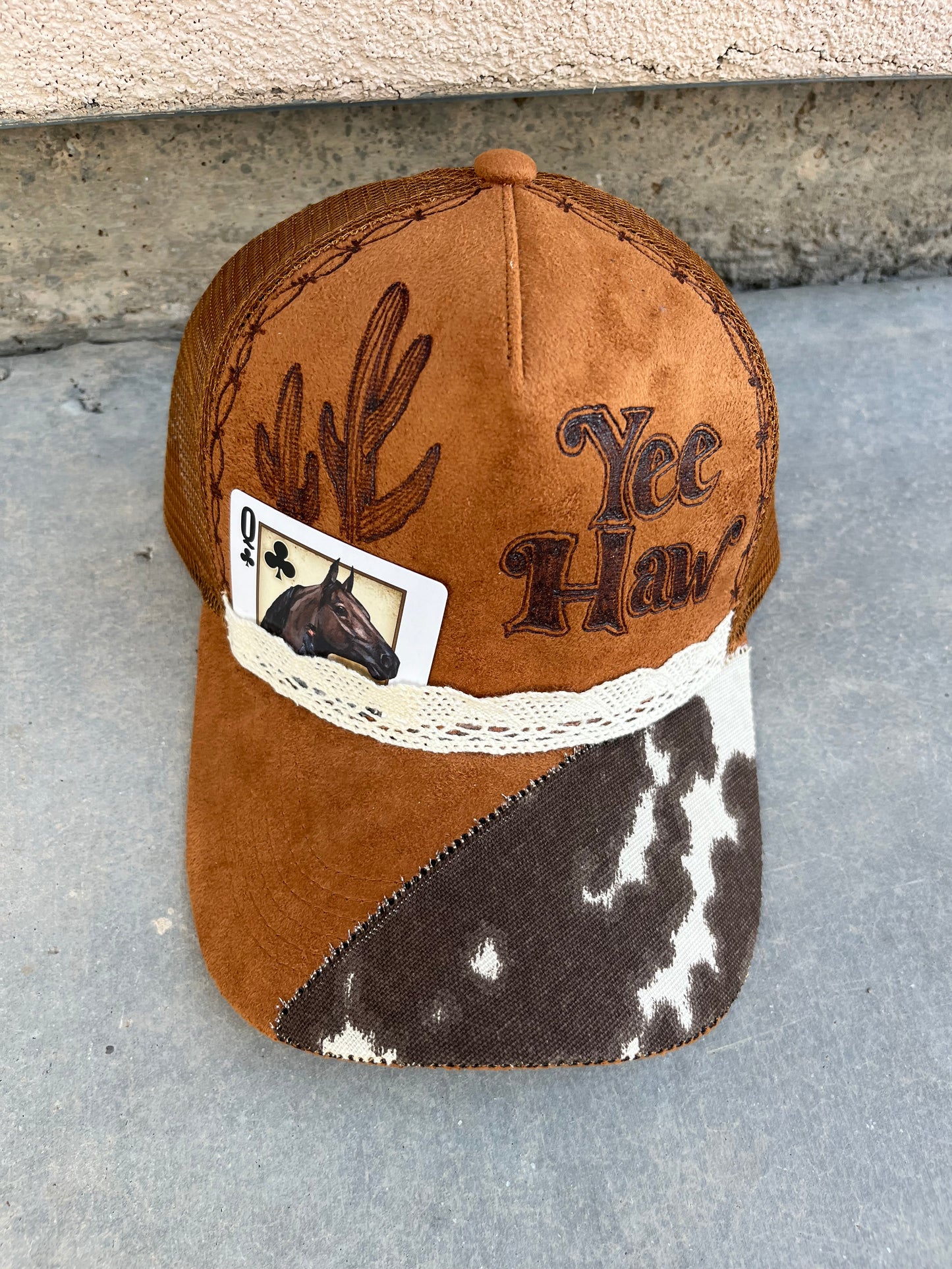 Camel yeehaw cow print burned trucker hat custom ball cap SnapBack
