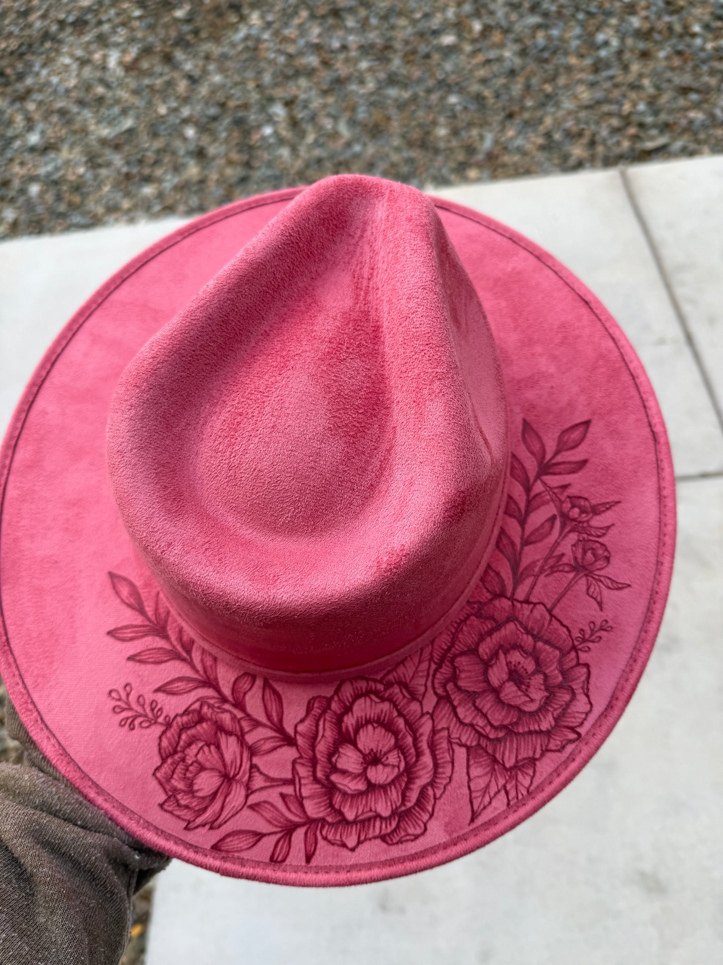 Dusty rose floral suede wide brim rancher hat