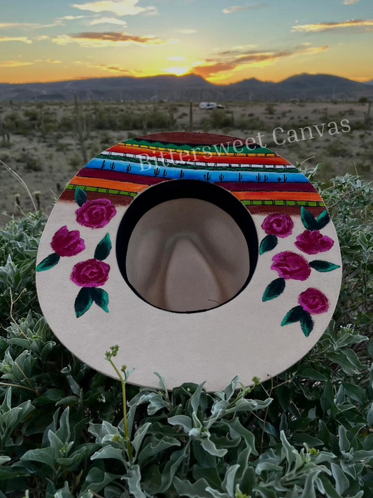 Serape pink floral beige suede wide brim rancher hat