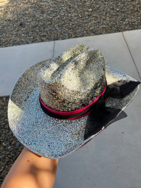 Silver glitter pink star wide brim cowboy hat