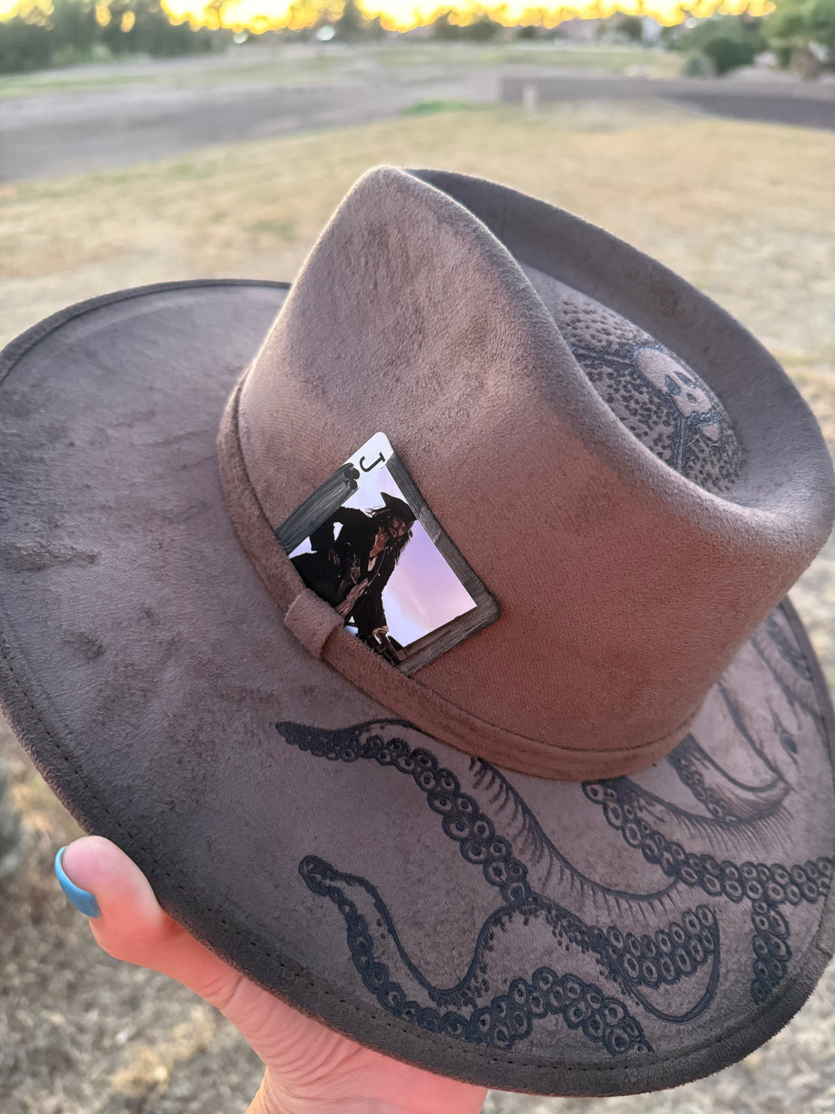 Kraken octopus pirate brown suede wide brim rancher hat