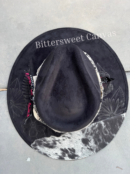 Black cow hide burned fabric lined felt wide brim rancher hat