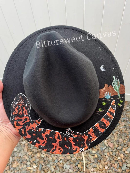 Desert Gila Monster lizard black felt wide brim rancher hat