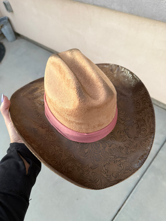 Tan tooled leather burned suede wide brim cowboy  hat