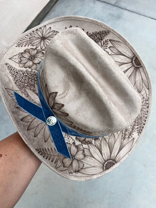 Taupe floral burned suede wide brim cowboy hat