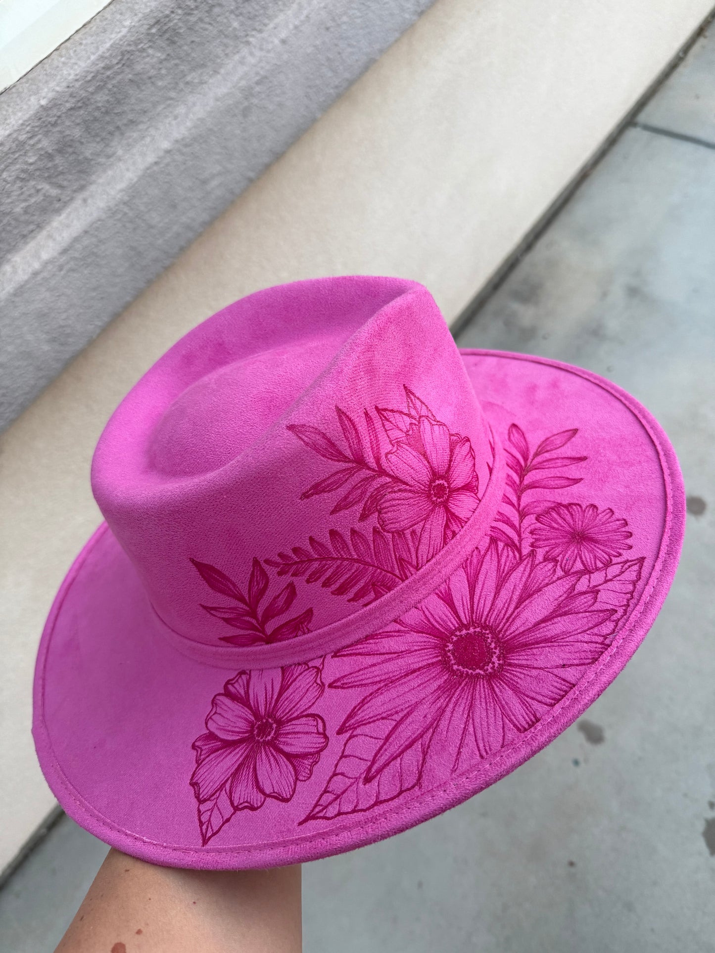 Pink floral  burned suede wide brim rancher hat