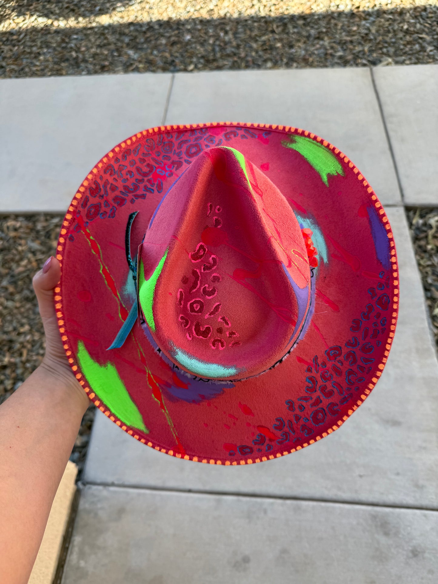 Neon coral leopard hat brown felt wide brim rancher hat