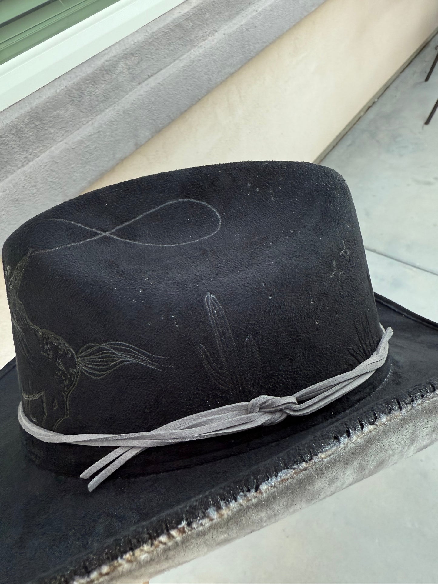 Black cow hide fabric lined burned suede wide brim  cowboy hat