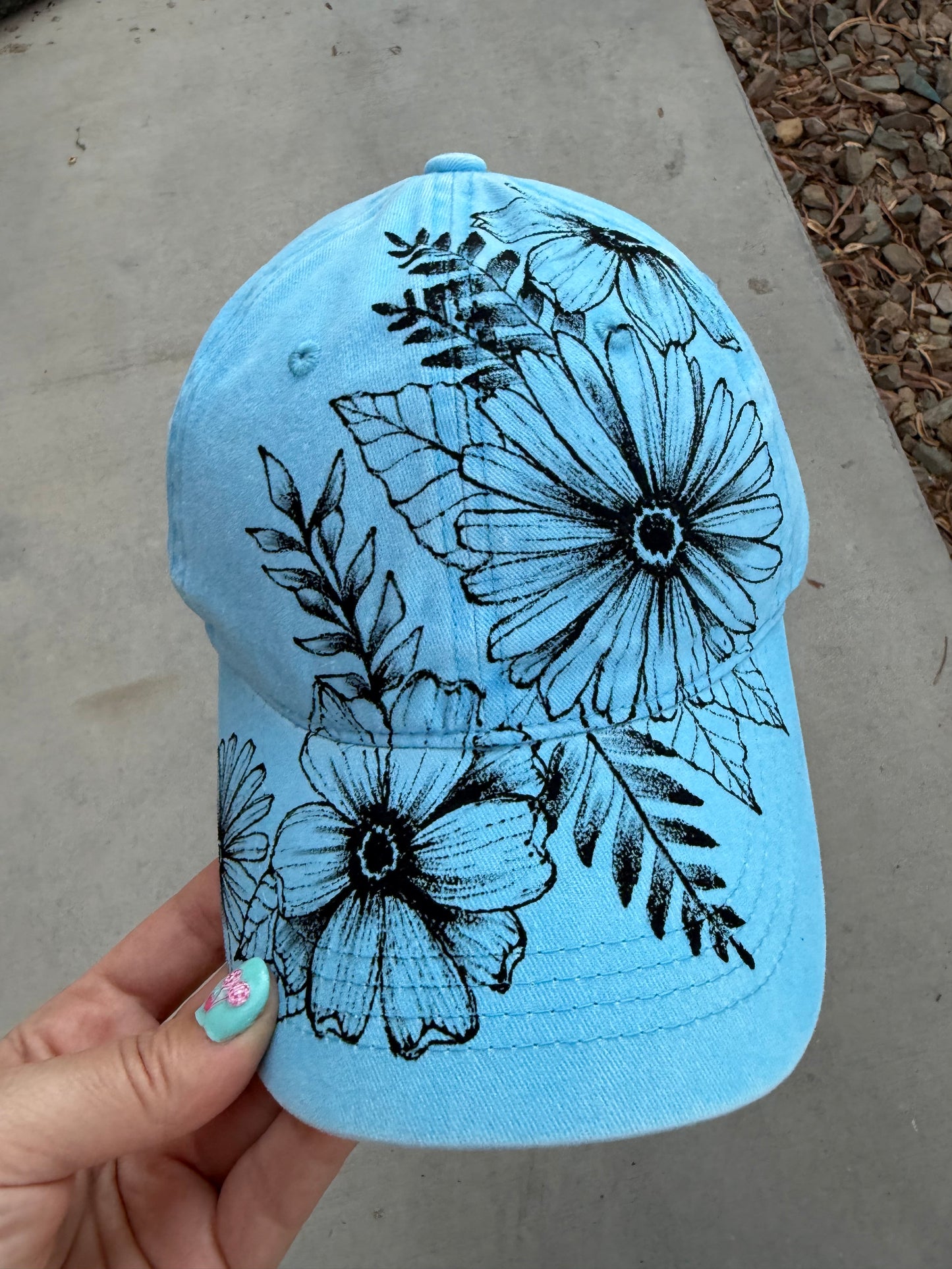 Sky blue floral trucker hat custom ball cap ponytail