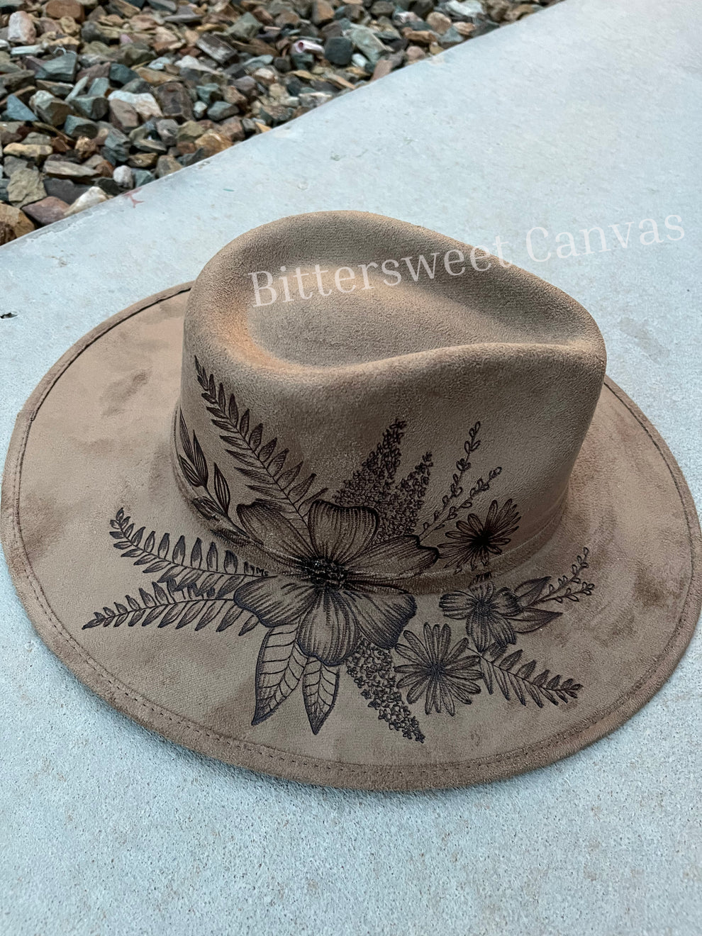 Floral botanical brown burned suede wide brim rancher hat