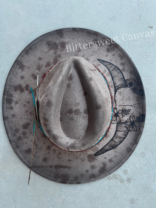 Distressed taupe steer head suede wide brim rancher hat