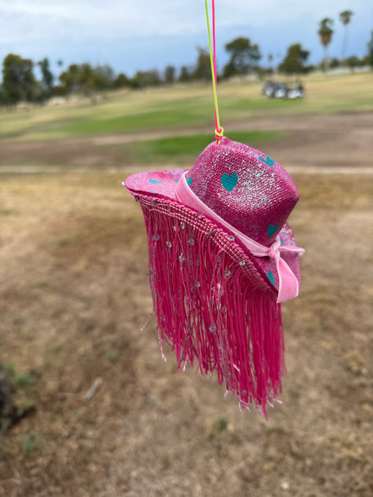 Pink glitter fringe hat rearview mirror charm