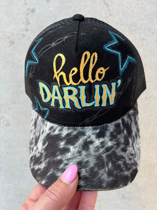 Black hello darlin cow pront burned trucker hat custom ball cap SnapBack